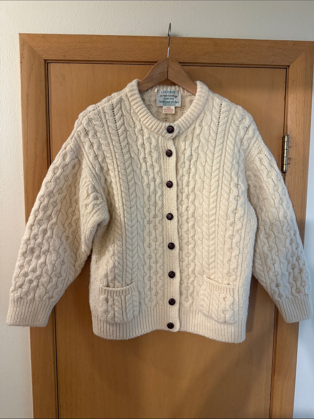 Cladyknit Irish Pure New Wool Cable Knit Button-Front Sweater Cream Size Medium
